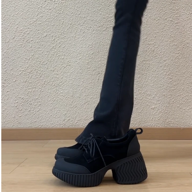 羊皮版真皮复古风时尚圆头系带防水台厚底不累脚休闲深口单鞋