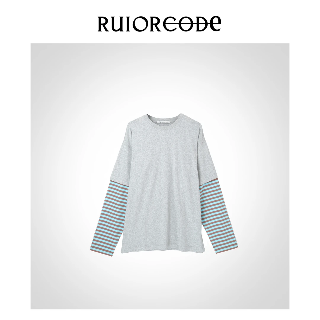 【RUIORCODE】休闲复古假两件条纹拼接长袖T恤 理性消费#
