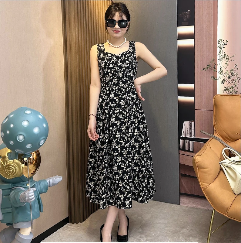 2025夏秋法式印花复古中长裙女装吊带气质连衣裙吊带裙碎花长裙