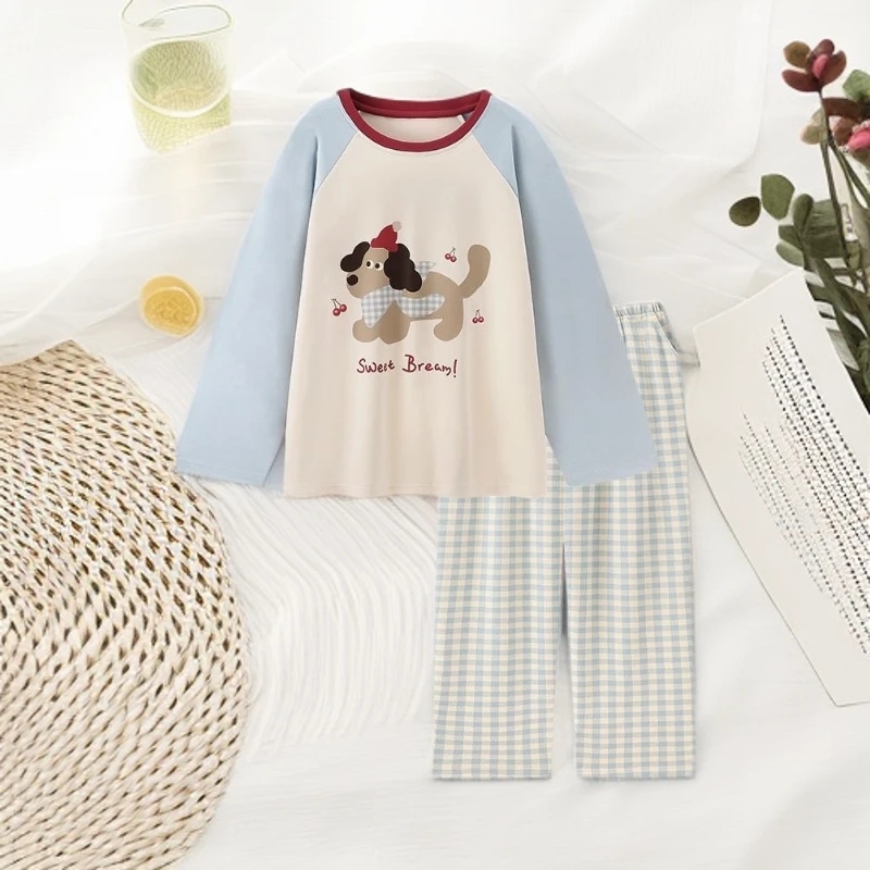 『樱桃小狗』甜妹风卡通格纹睡衣女春秋款插肩袖长袖可外穿家居服