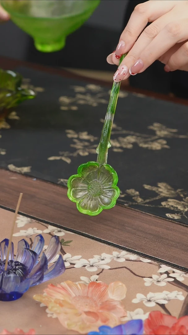 手工艺品琉璃绿色花朵茶匙