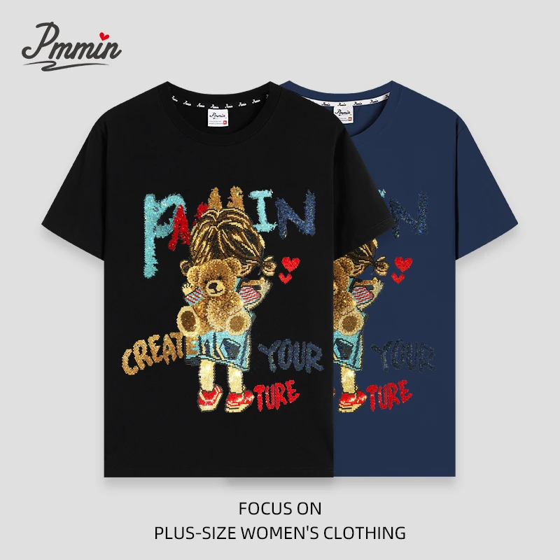 pmmin【背包熊】女装大码设计潮牌烫钻短袖T恤 宽松 新品