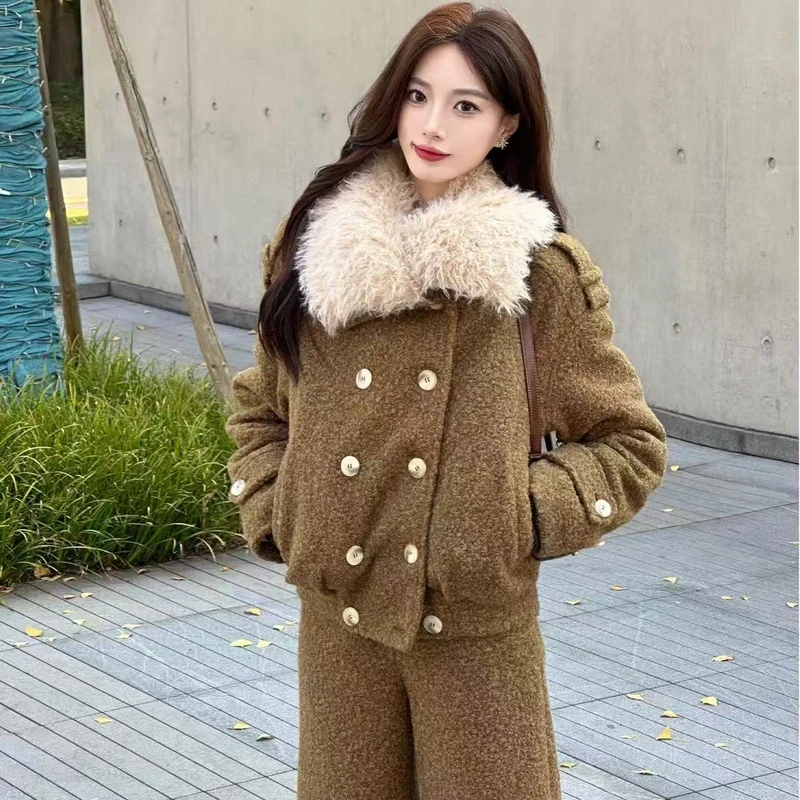 〈纪朵研〉1744秋冬毛毛外套阔腿裤两件套装