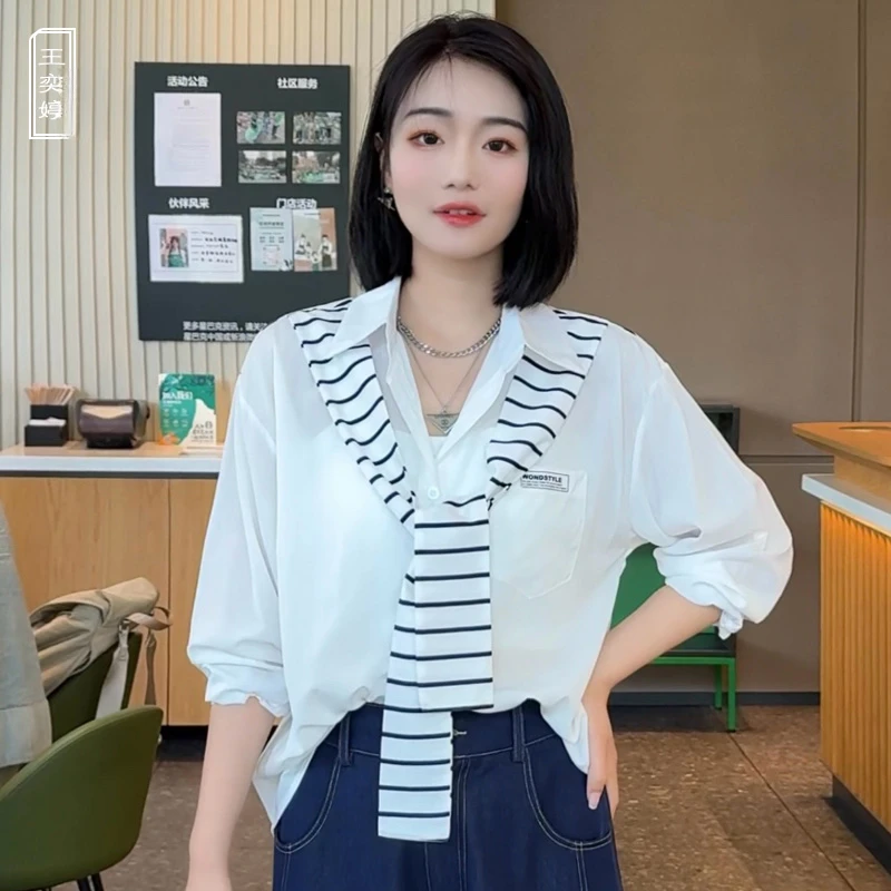 夏季薄款宽松衬衫女2025新款爆款洋气百搭长袖假两件温柔知性衣服