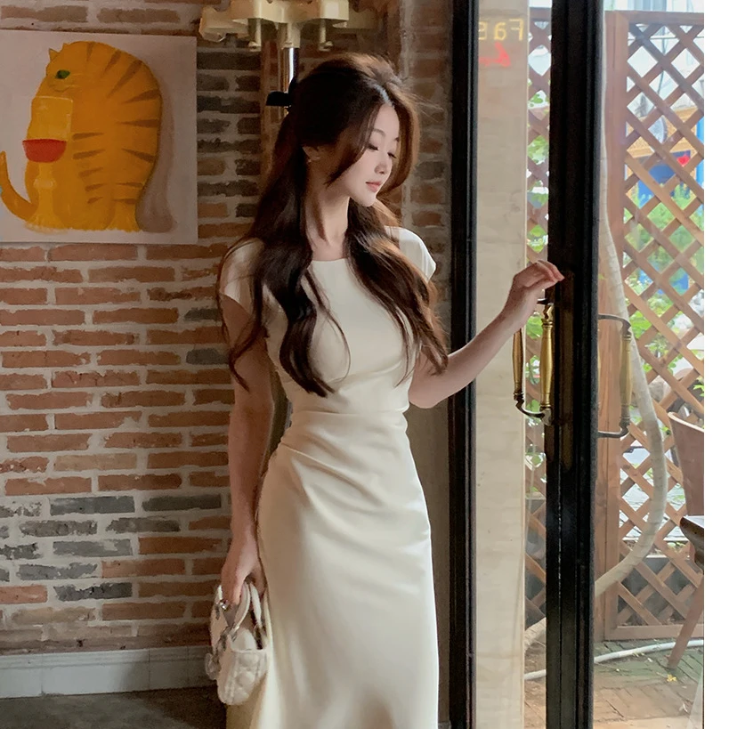 佐佐家小个子 气质白色收腰显瘦鱼尾长裙女夏季修身中长款连衣裙