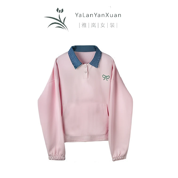 【雅岚女装】学院风减龄时尚洋气春秋季新款显瘦牛仔拼接假两件上衣