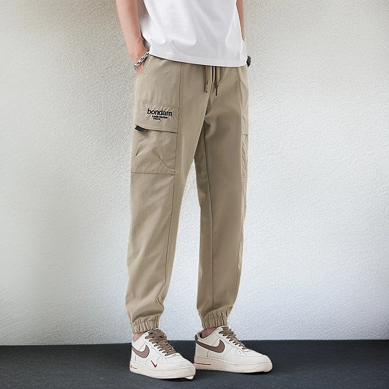 松紧腰抽绳宽松工装裤男士复古多口袋束脚裤夏季薄款宽松九分裤子