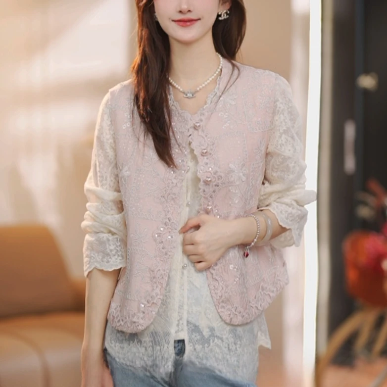 蔚蓝2025春装新款圆领马夹法式淑女提花蕾丝女款