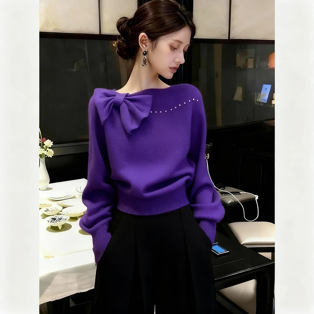 高级感针织衫秋冬新款巨好看气质高端紫色蝴蝶结内搭针织衫上衣潮