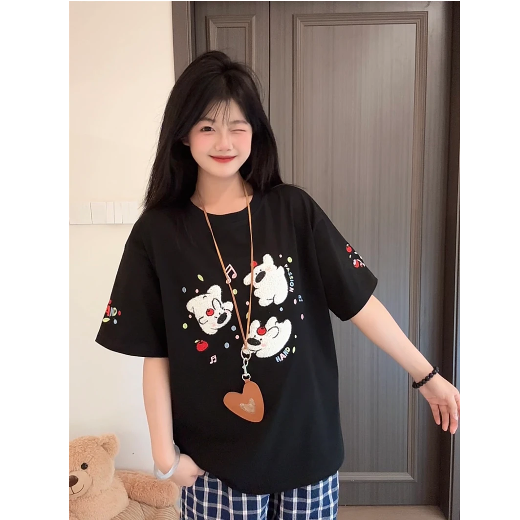 HandSeven童趣夏季甜美宽松可爱苹果小狗刺绣短袖T恤