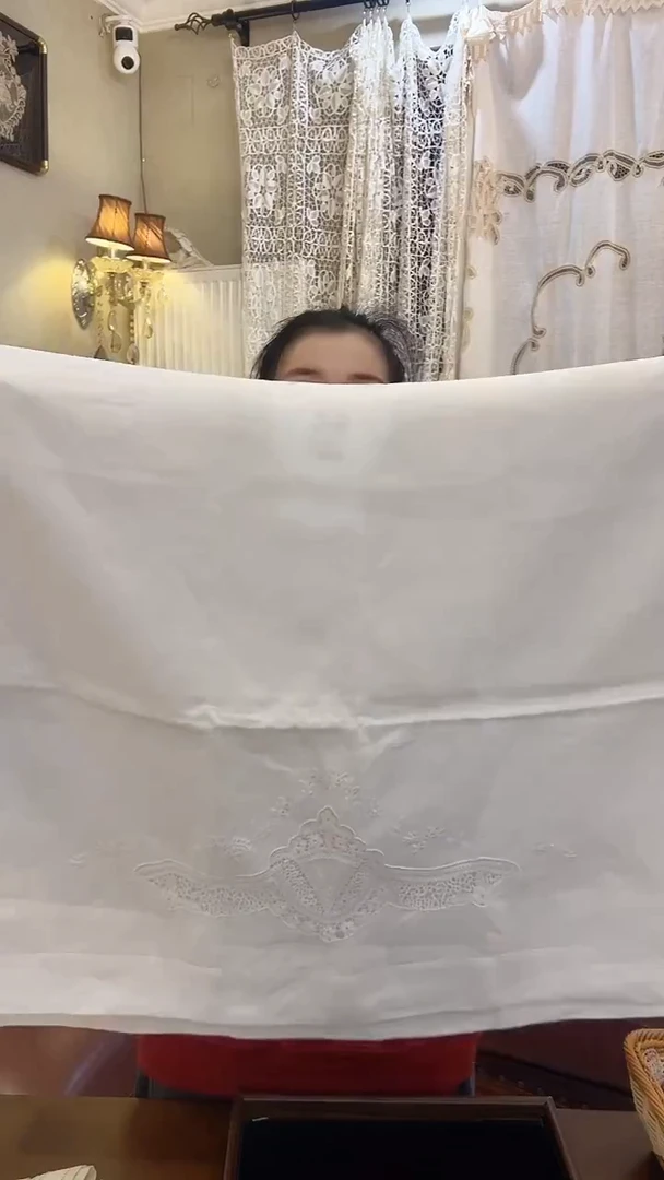 棉Z734白色棉质72*122cm重工手绣青州府花边盖巾桌布