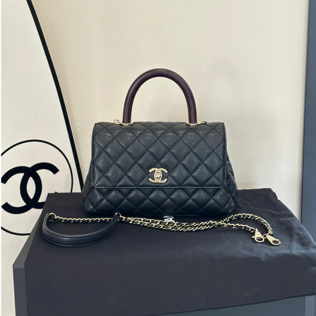 未使用 Chanel/香奈儿 coco handl 荔枝皮 蜥蜴压纹手柄 黑金