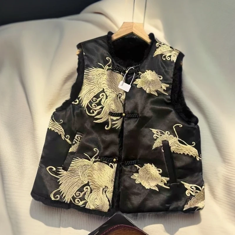 民族风刺绣双面穿兔毛中国风免烫女冬季马夹YY    982