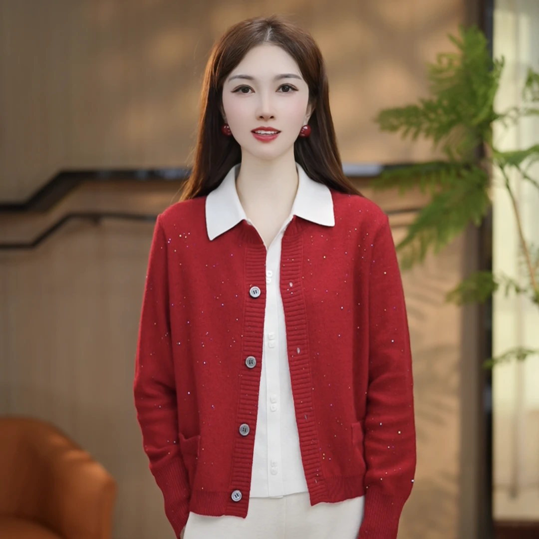 [100%全羊毛]春季新款圆领亮片羊毛保暖开衫8309