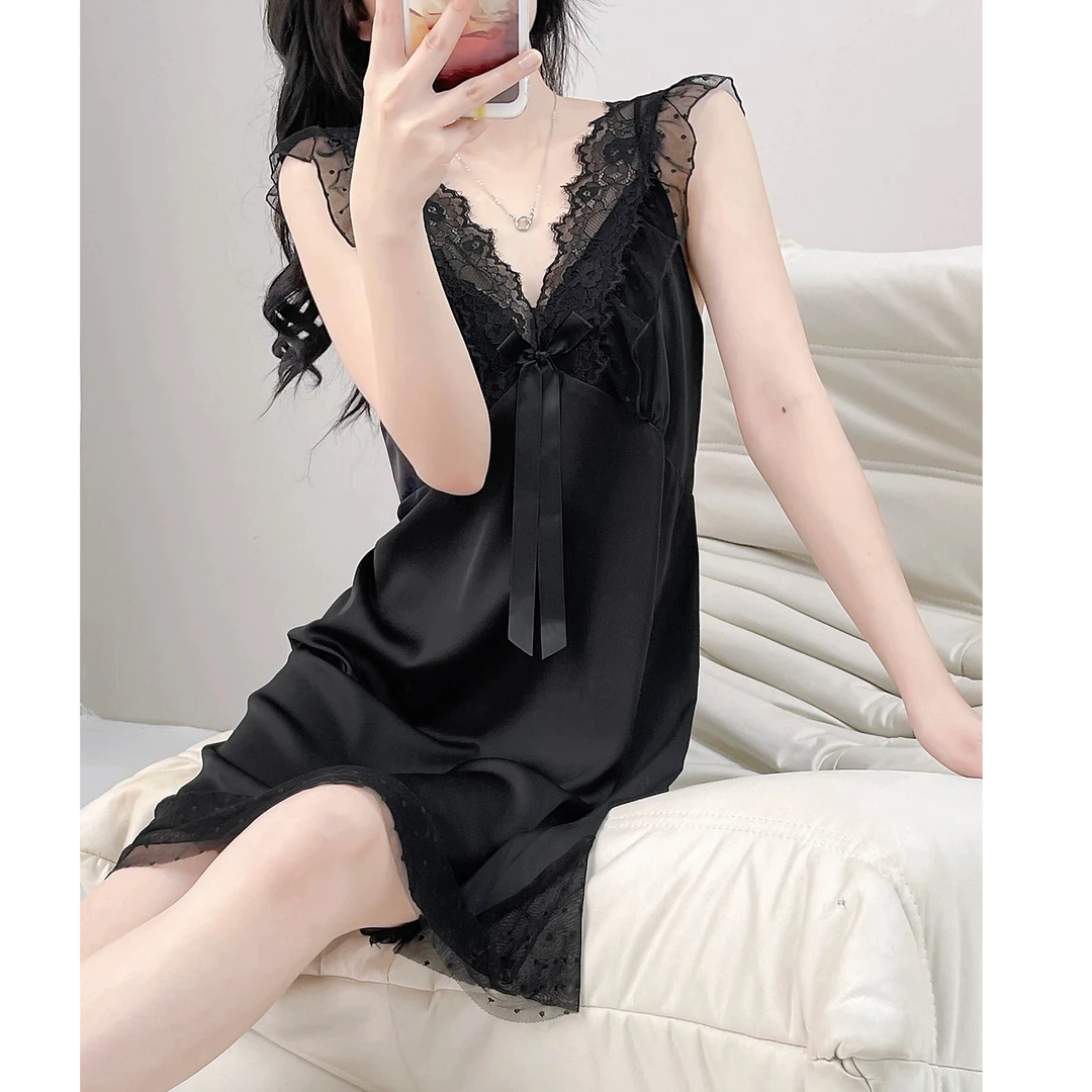 性感睡衣女夏季冰丝甜美公主风吊带睡裙蕾丝网纱纯欲带胸垫家居服