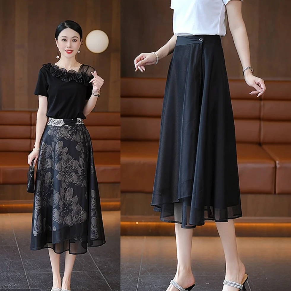 一片式网纱半身裙女两面穿2025夏季新款中长款高腰显瘦垂感A字裙