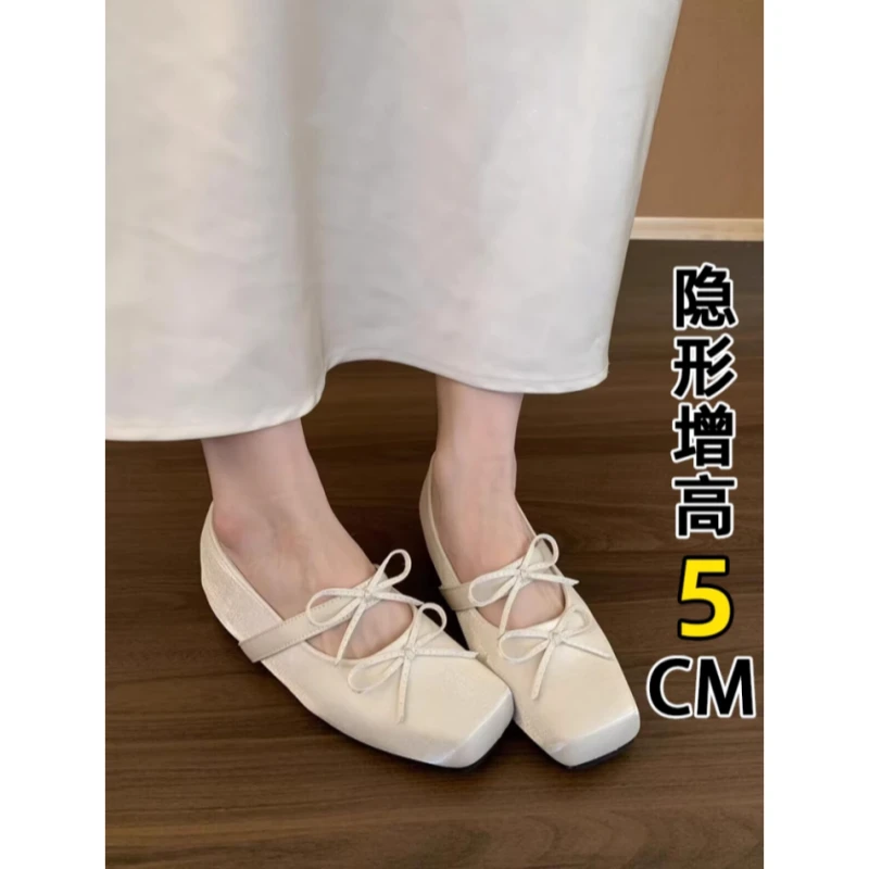 方头双蝴蝶结芭蕾舞鞋女2025年新款法式内增高百搭浅口玛丽珍单鞋
