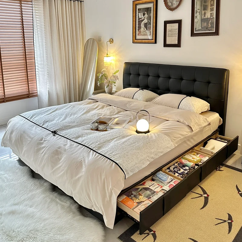 YILIU忆留华夫格储物靠背现代简约主卧大床奶油风软包排骨架气压