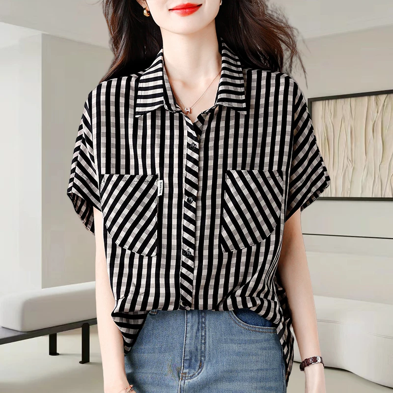条纹翻领短袖雪纺衫女夏季2025新款洋气减龄宽松遮肚显瘦休闲上衣