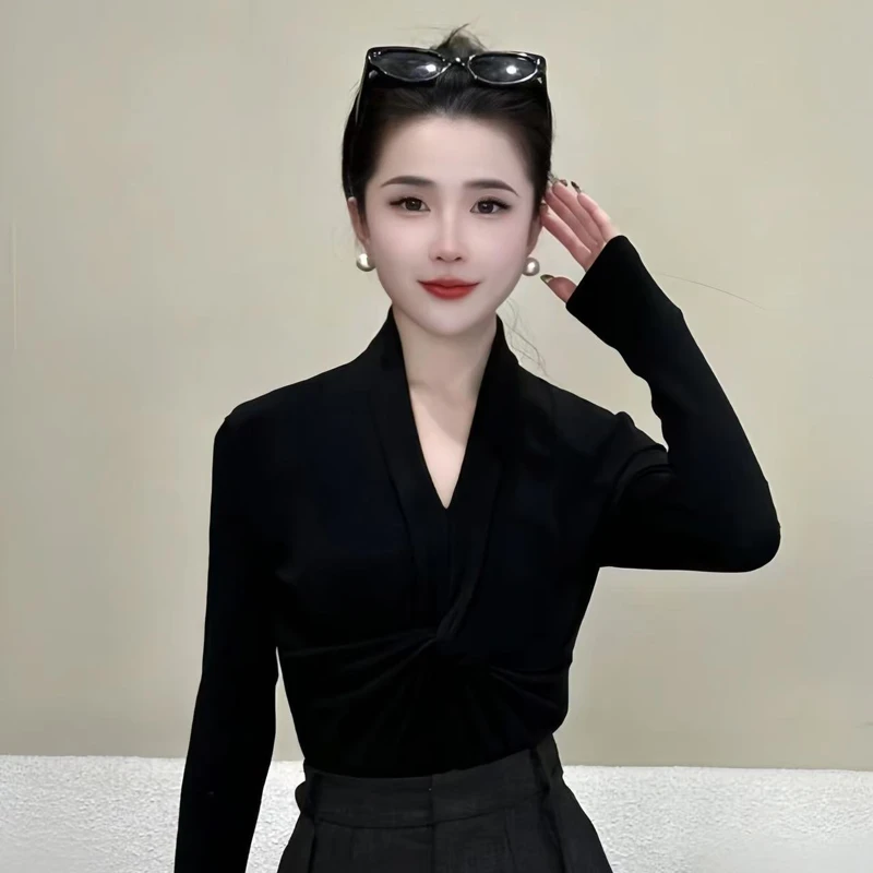 【黑色经典】2025新款V领长袖T恤女时尚百搭修身显瘦打底衫上衣9860