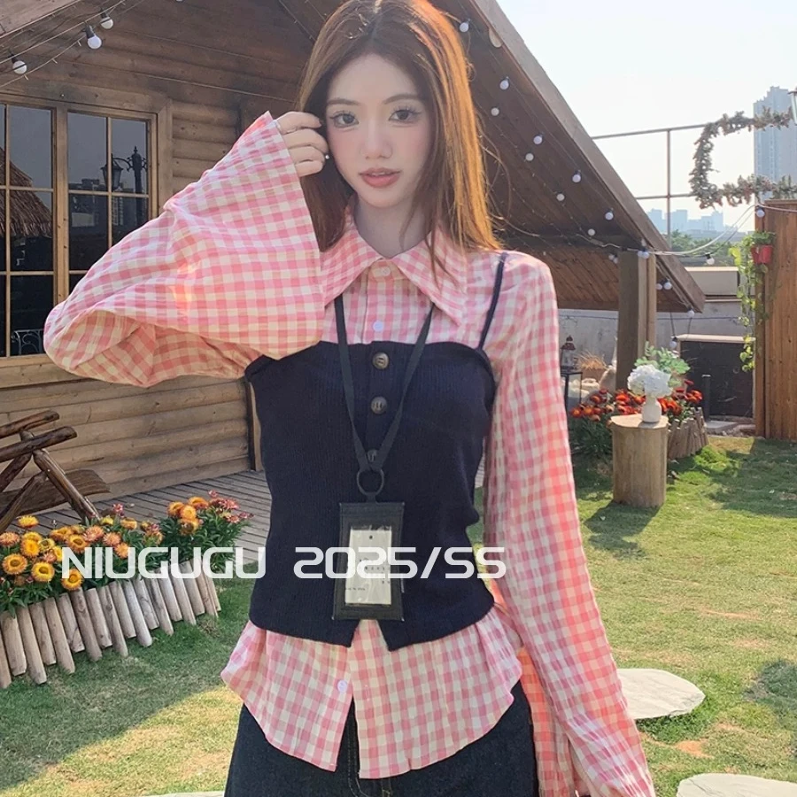 大码女学院风背心格子衬衫上衣叠穿两件套2819
