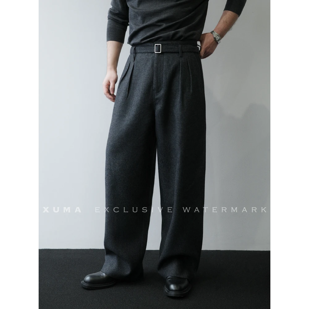 XUMA 25F/W【嵌入式人字纹】500g羊毛混纺双褶复古直筒宽松西装裤