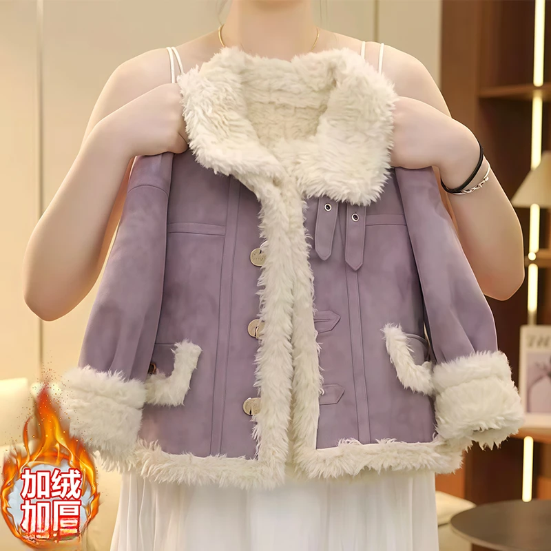 女童皮毛一体麂皮绒外套2025新款秋冬加绒加厚机车服毛毛衣派克服