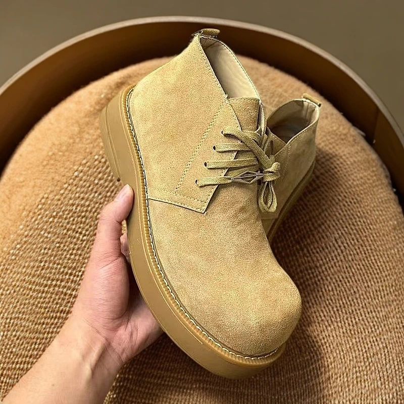 德比鞋男新款厚底大头皮鞋中帮圆头增高大黄靴保暖马丁靴英伦风