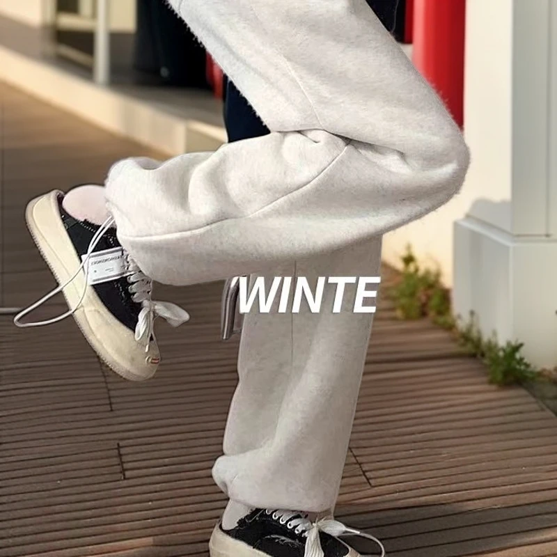 白灰运动裤2024秋冬女加绒休闲裤高腰显瘦宽松直筒阔腿裤垂感卫裤