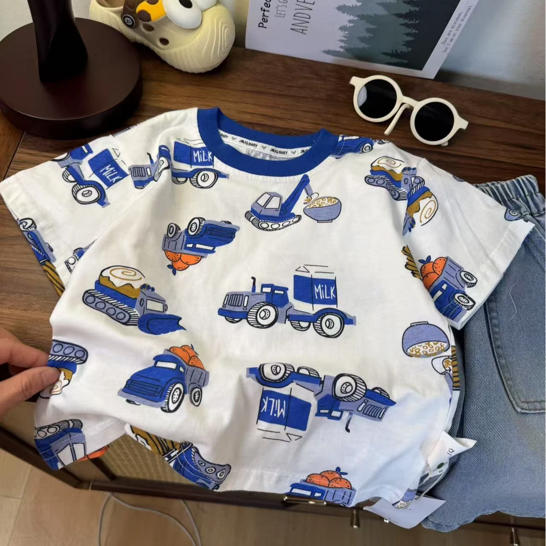 【JMJQ 201536】夏季儿童百搭满印挖机印花短袖圆领休闲T恤