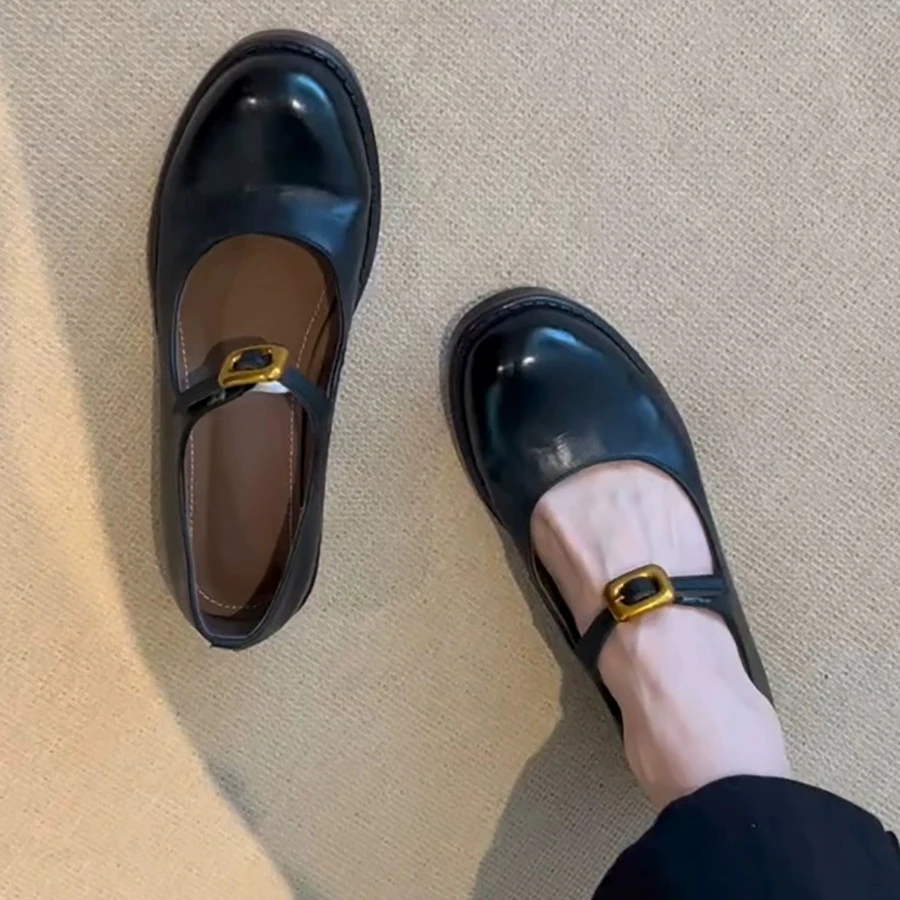 森唔~复古金属扣圆头玛丽珍鞋女一字带英伦粗跟小皮鞋浅口单鞋女