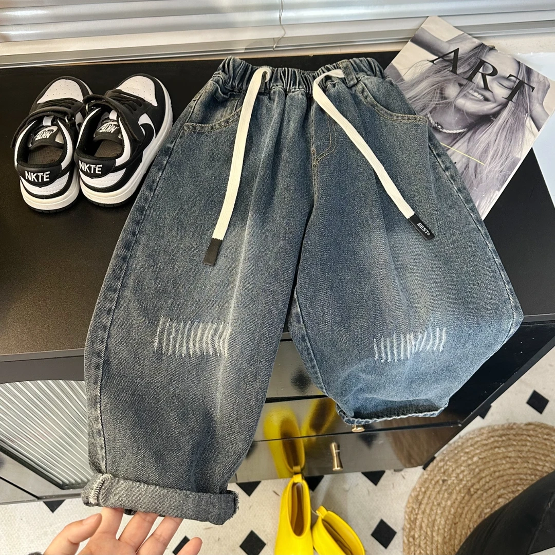 儿童牛仔裤2025新款中大童直筒裤磨洞韩版时尚百搭宽松男童裤子潮