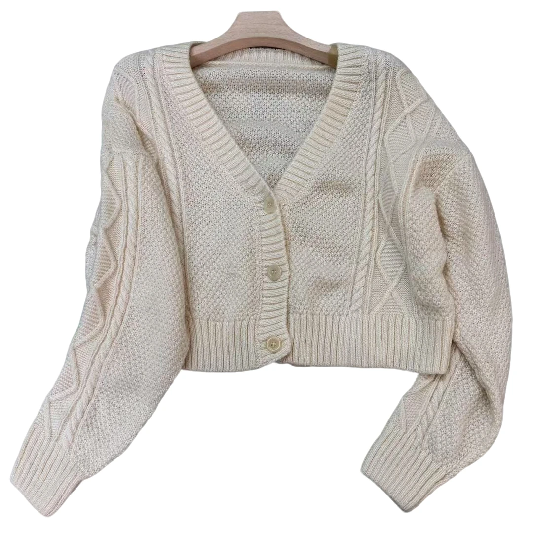 270短款V领针织开衫女秋冬季宽松慵懒风灯笼袖上衣麻花白色毛衣