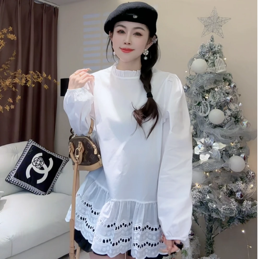 L.X~法式新款女木耳边立领衬衫蕾丝镂空拼接上衣高级感衬衣8319