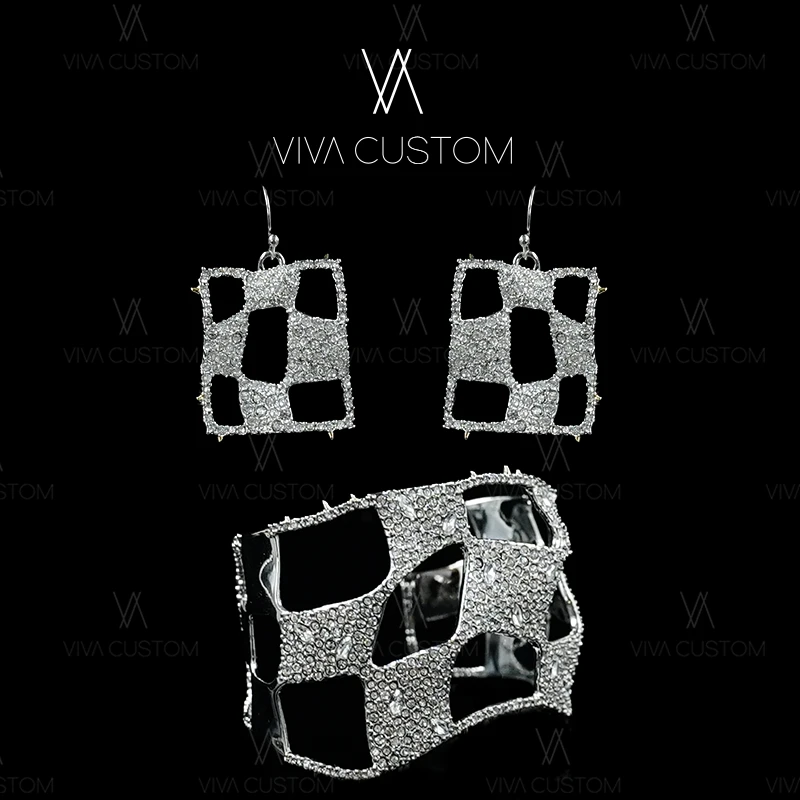 铜合金合成锆石耳饰 鬼才系列 百搭轻奢欧美扭曲棋盘套装