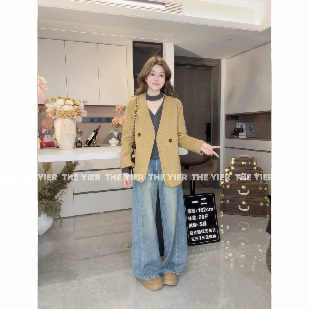 【一二家】“V领双门襟”流沙金羊毛呢外套双排中长气质通勤大衣Z902