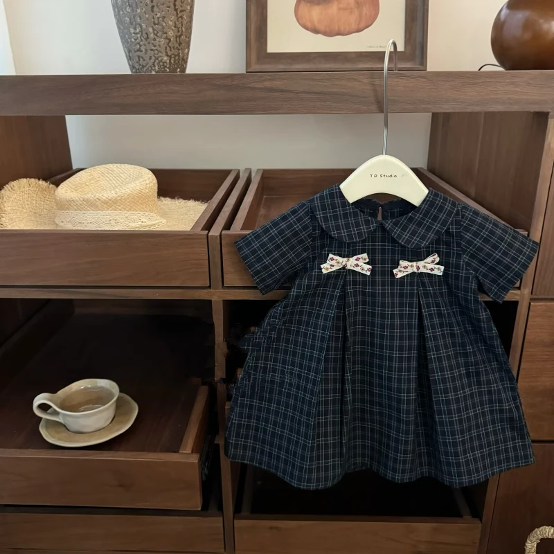女童夏季韩版格子连衣裙2025新款洋气儿童娃娃领蝴蝶结公主裙