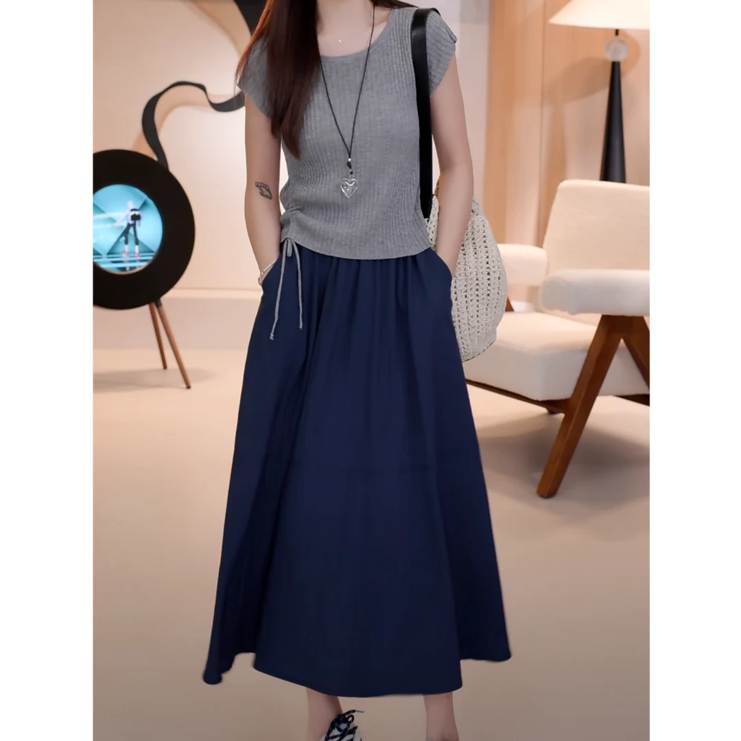 伞裙半身裙2025新款春夏简约复古工装纯色中长款松紧腰大摆A字裙