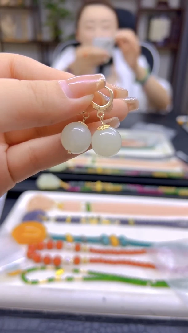 和田玉（白玉）14K金镶嵌耳饰DIY款E611