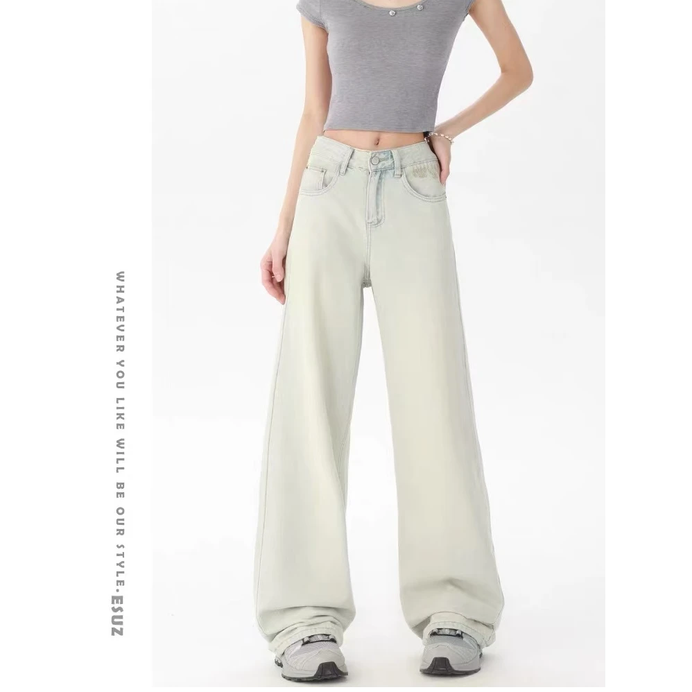 69135泥黄色做旧复古直筒刺绣吊字母休闲牛仔裤