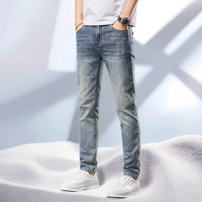 宾斯洛特夏季新款牛仔裤男士修身小脚潮流复古外穿弹力百搭长裤子