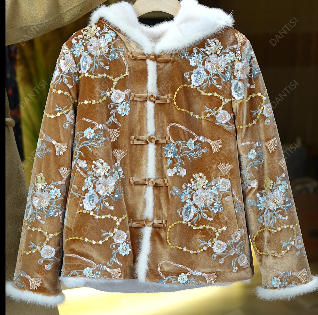 山水禾<<非遗美学>>2465新中式国风复古提花水貂连帽外套