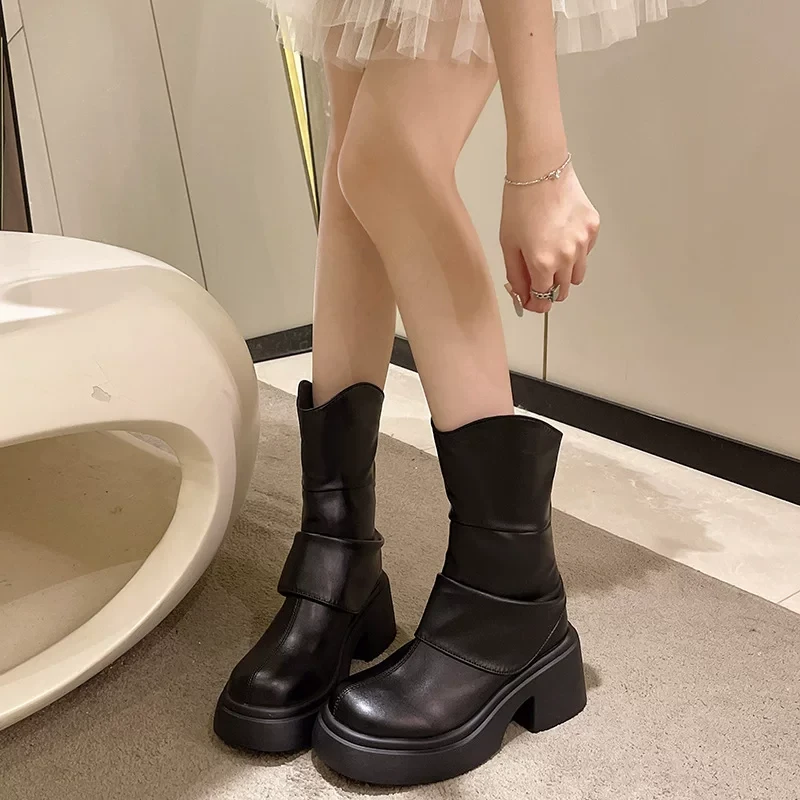 时尚秋冬新款淑女粗跟厚底瘦瘦靴女显瘦短靴3076-3(加绒)