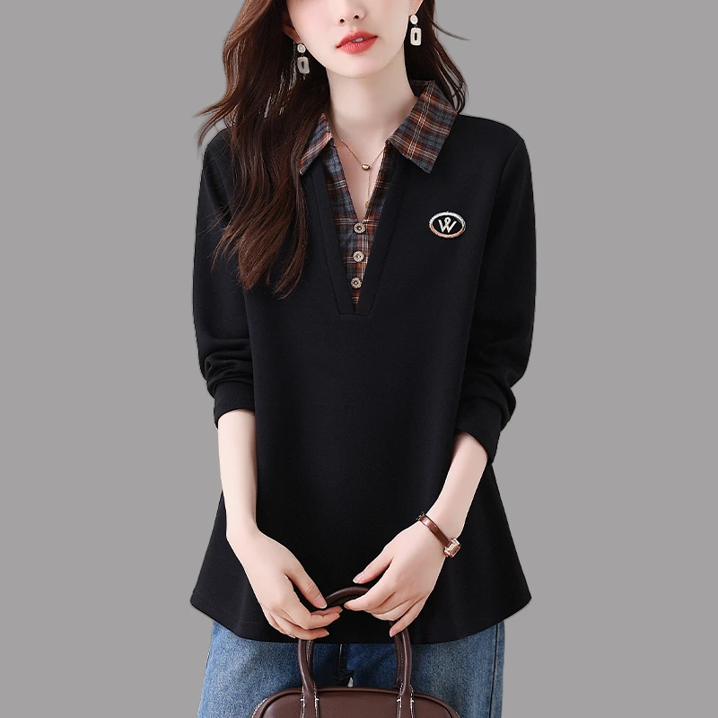 假两件格子拼接翻领衬衫女2025秋季新款时尚宽松显瘦休闲长袖上衣