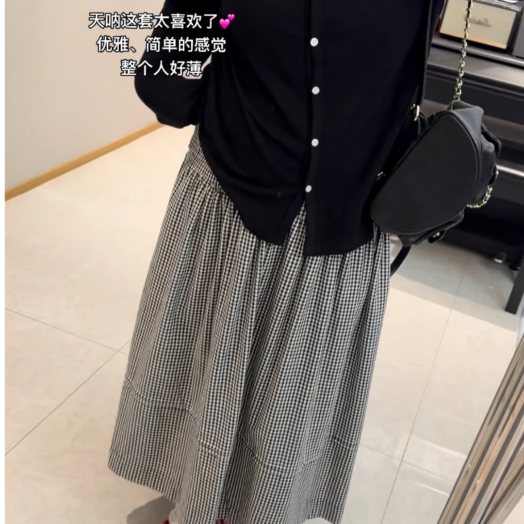 春夏新款松紧高腰韩版宽松大码女装微胖mm休闲复古格子伞裙半身裙