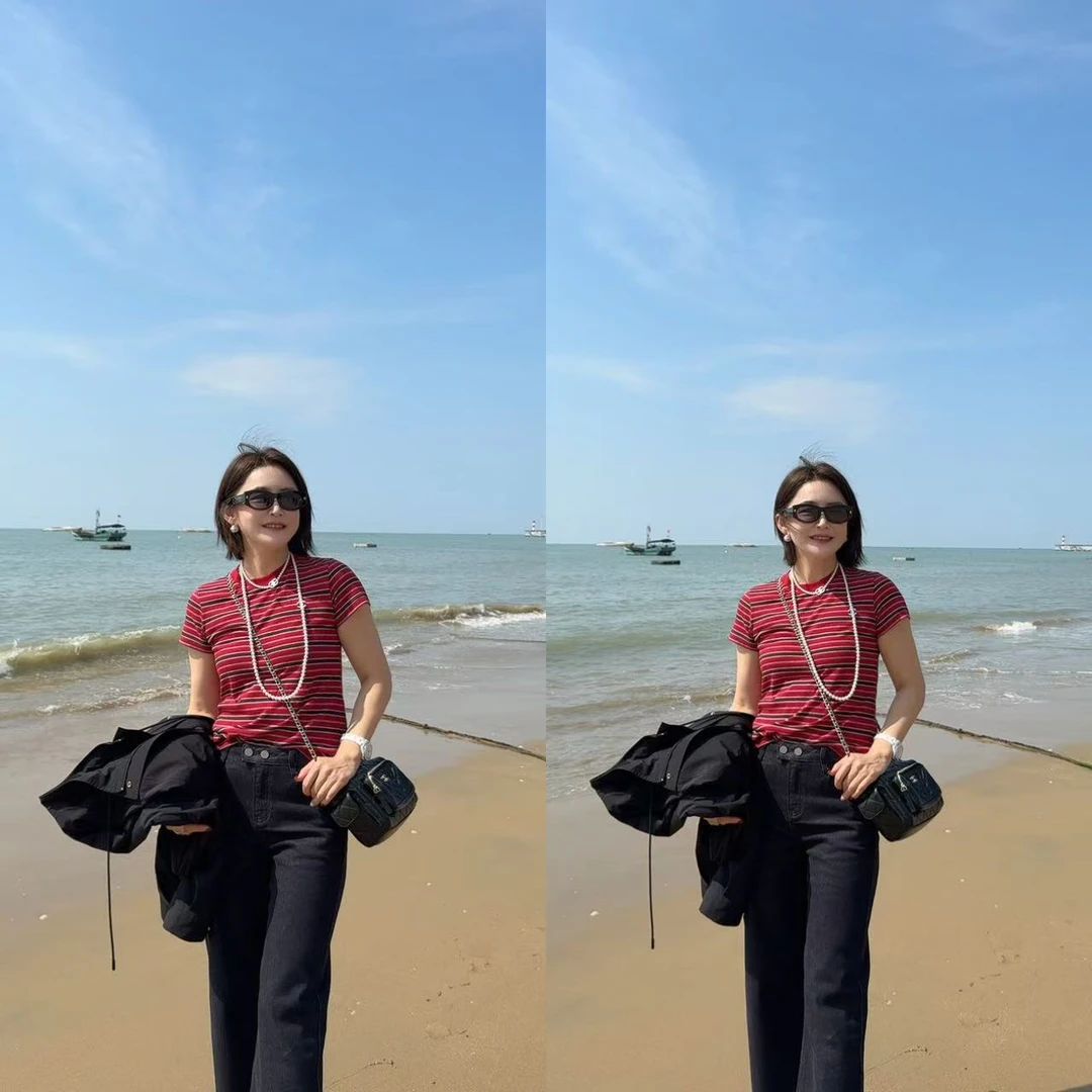 【条纹T恤】时尚圆领条纹半袖3825441（衣长约55cm）