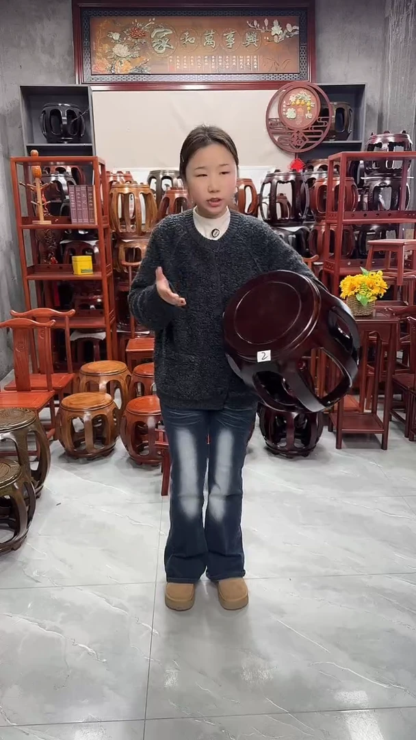花梨木类家具【微瑕】胡桃色大号鼓凳2号