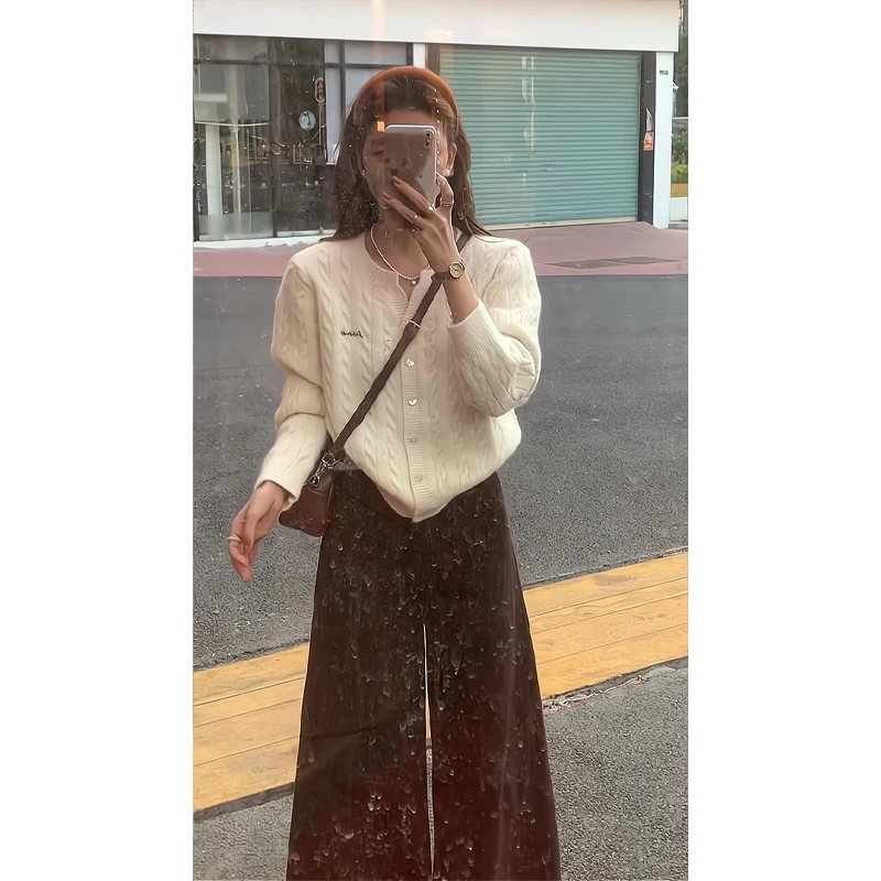 麻花针织开衫外套针织衫毛衣上衣阔腿裤显瘦垂感拖地裤女2025春夏