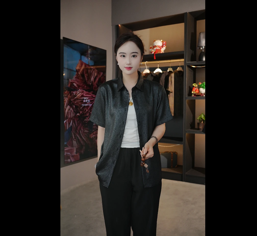 【油皮老料】男士夏季薄款天然桑蚕丝短袖衬衫休闲透气衬衣01