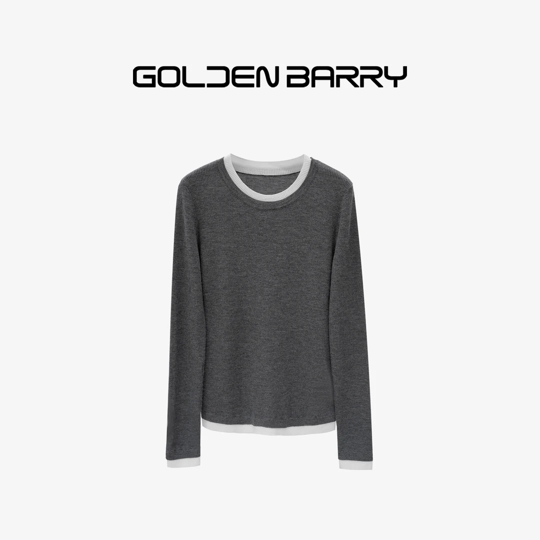 【返季福 利】241153长袖针织舒适假两件圆领套头毛衫